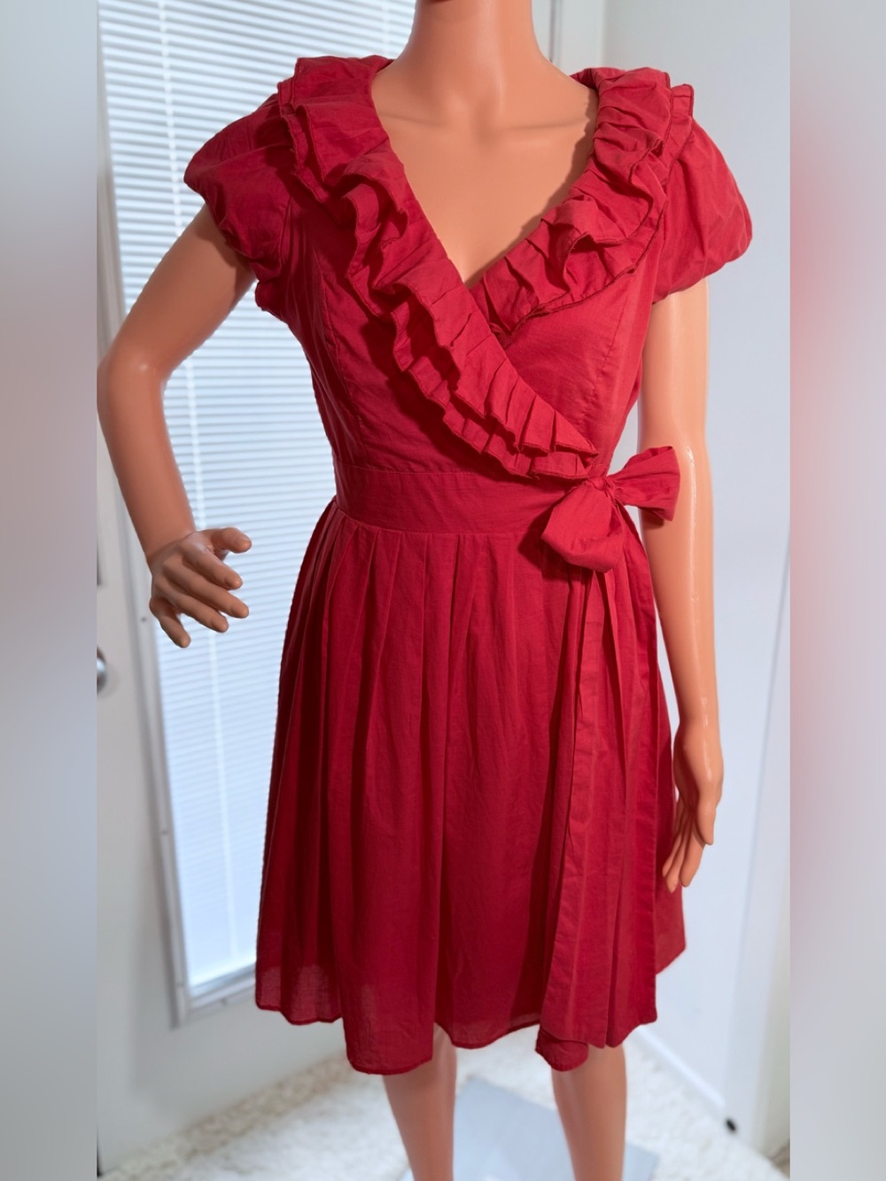 100% Cotton! Double Zero Crimson Orange Ruffle Wrap Mini Dress with Side Tie